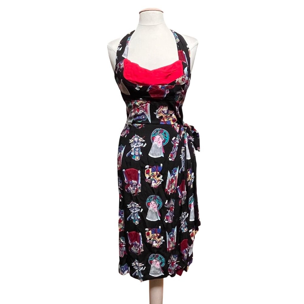 Trashy Diva Halter‎ Faux Wrap Dress Black Multicolor 10 Asian Pin Up Rockabilly